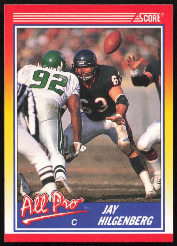 Jay Hilgenberg 1990 Score Football Card #583, Chicago Bears center in action.