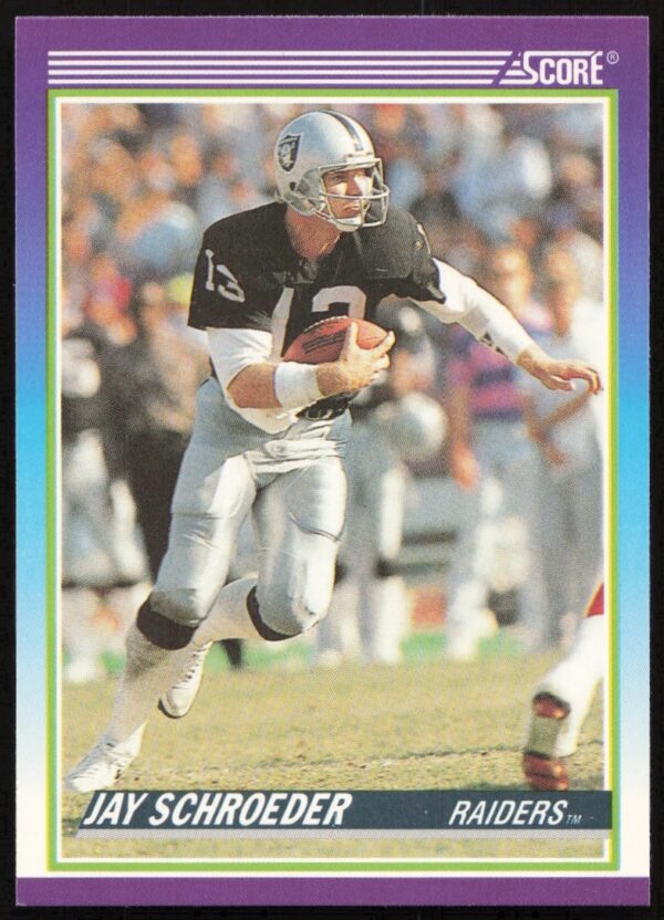 Jay Schroeder 1990 Score Football Card #475, Los Angeles Raiders, Front View.