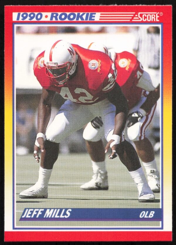 1990 Score baseball card #653 featuring Jeff Mills batting in his team uniform.