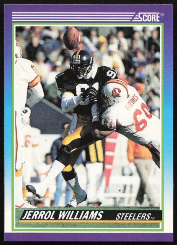 Front view of 1990 Score football card #501 featuring Jerrol Williams in team uniform.