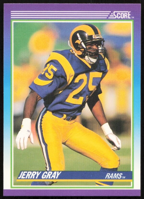 Jerry Gray 1990 Score Football Card #158, depicting his game-time focus and athleticism.