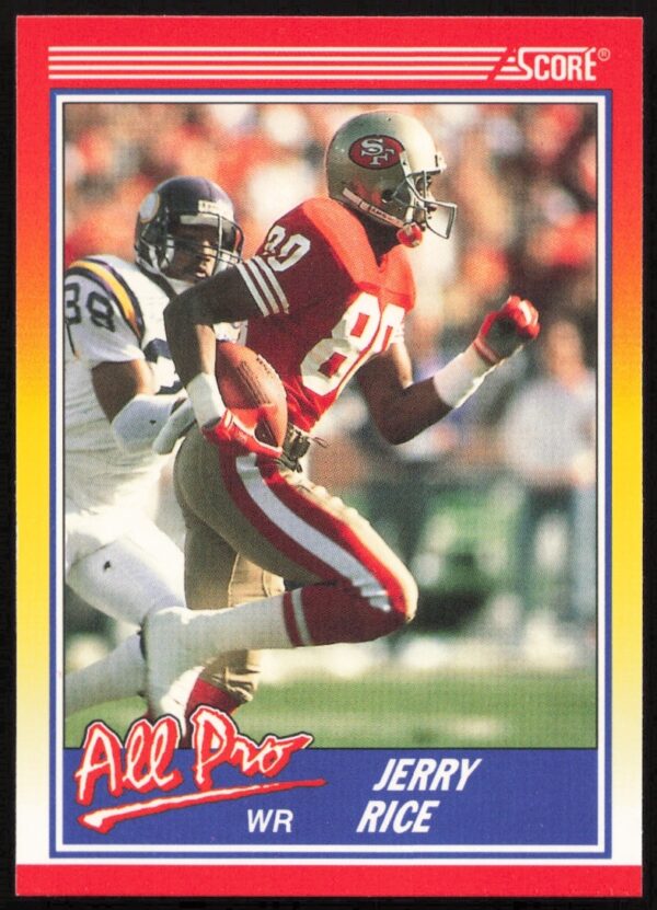 Jerry Rice 1990 Score football card #590, featuring legendary action pose.