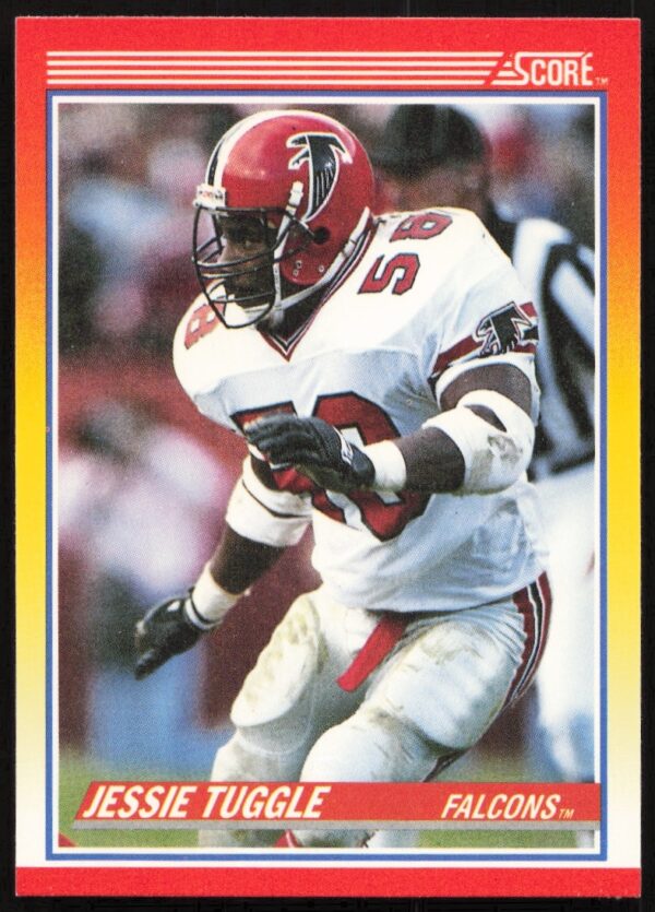 Front view of 1990 Score football card #269 featuring NFL linebacker Jessie Tuggle.