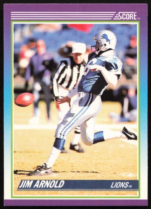 Football card front of Jim Arnold, #216, 1990 Score series, classic pose, vibrant design.