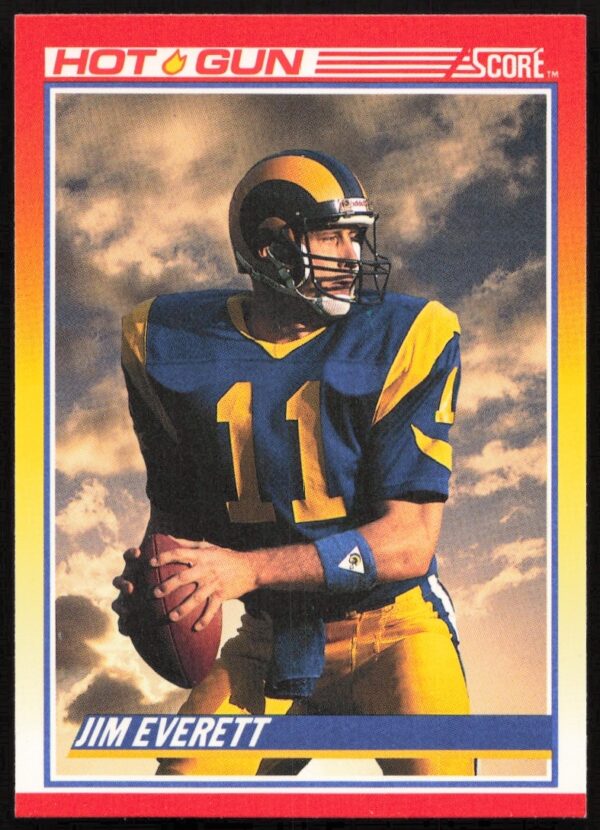 NFL 1990 Score Jim Everett trading card #312 showcasing dynamic action in Rams uniform.
