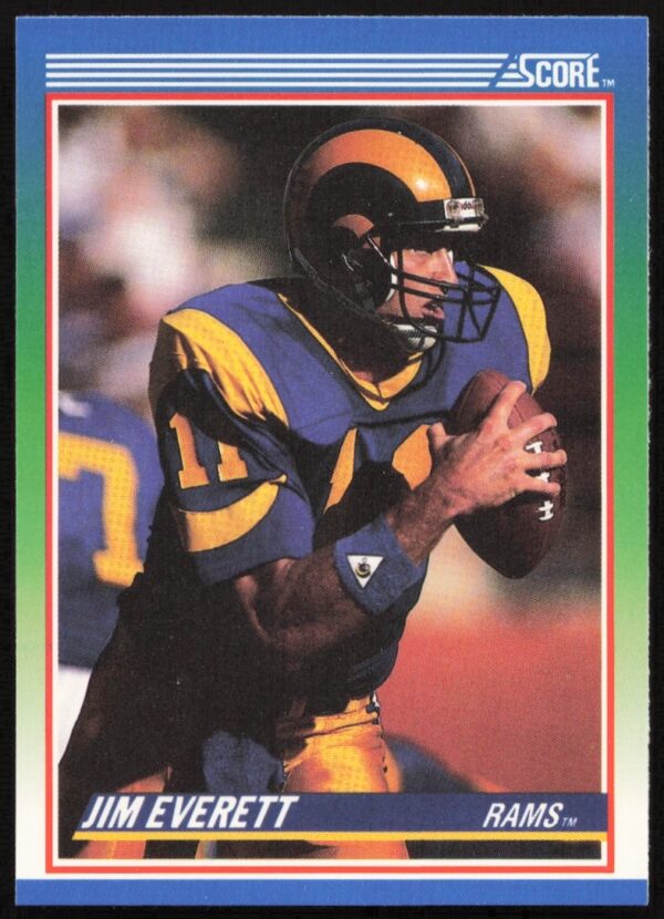 Jim Everett 1990 Score football card, Los Angeles Rams quarterback, poised to pass the ball.