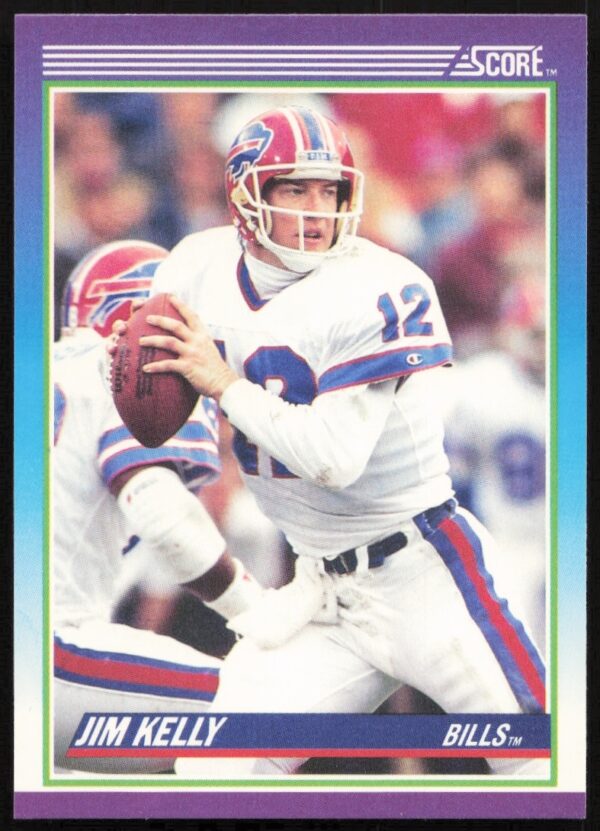 Vintage 1990 Score football card #112 featuring Jim Kelly, Buffalo Bills quarterback.