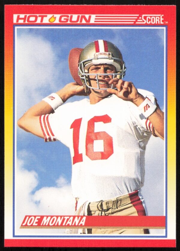 1990 Joe Montana football card, #311, San Francisco 49ers, poised and ready with football.