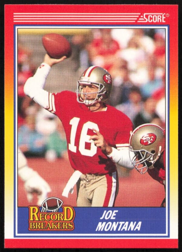1990 Score card featuring Joe Montana in 49ers uniform, posing with a football.