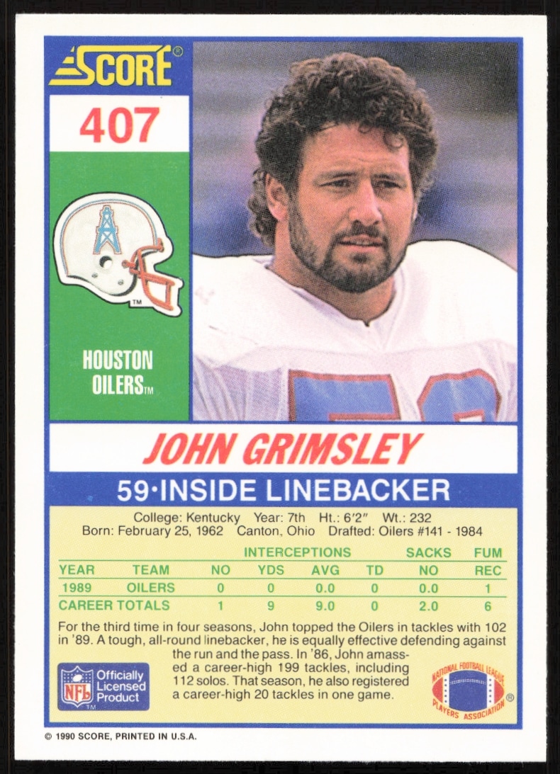 Back of 1990 Score John Grimsley Card #407: NFL stats, biography, Houston Oilers info.