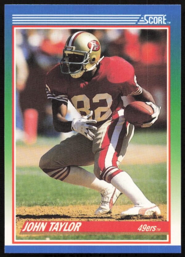 1990 Score Football Card: John Taylor #9, San Francisco 49ers Wide Receiver in Action.