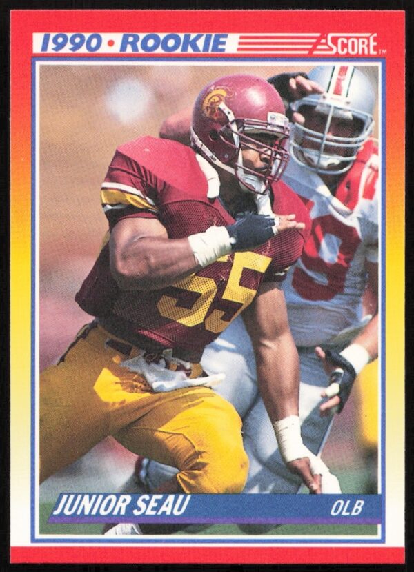 Front view of 1990 Score #302 Junior Seau football card, iconic NFL linebacker.