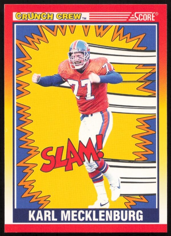 Karl Mecklenburg 1990 Score football card, Denver Broncos linebacker, dynamic action shot.