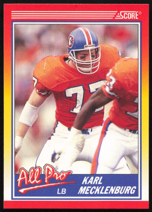1990 Score football card of Karl Mecklenburg, Denver Broncos linebacker, numbered #569.