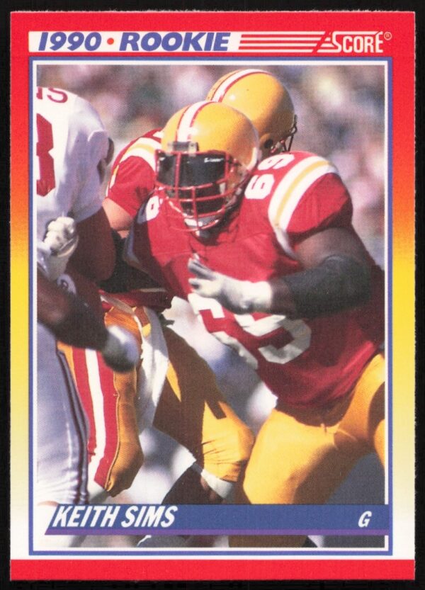 1990 Score Football Card #648: Keith Sims in Miami Dolphins Uniform, Offensive Line Action