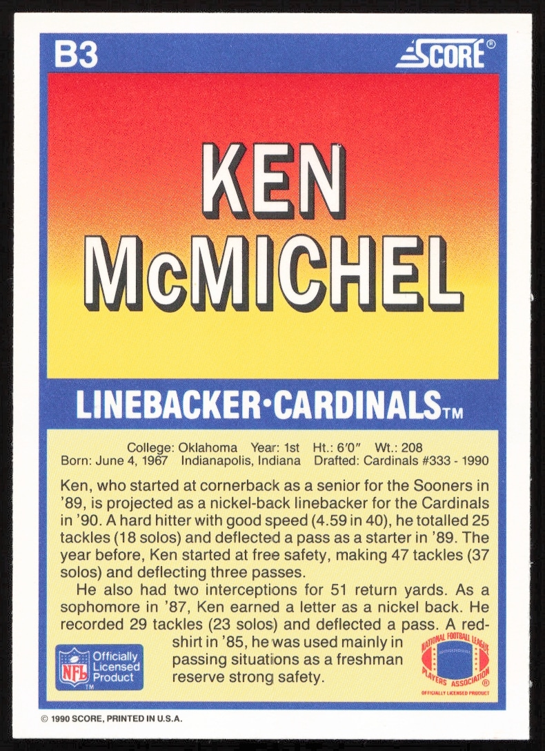 Back of 1990 Score Ken McMichel Baseball Card #B3 with career stats and highlights.