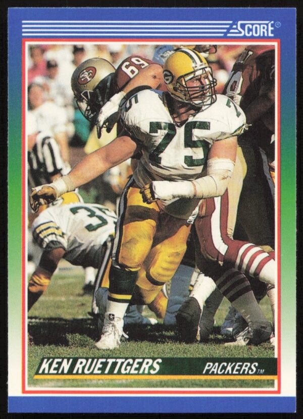 1990 Score Football Card #386 featuring Green Bay Packers Ken Ruettgers in action.