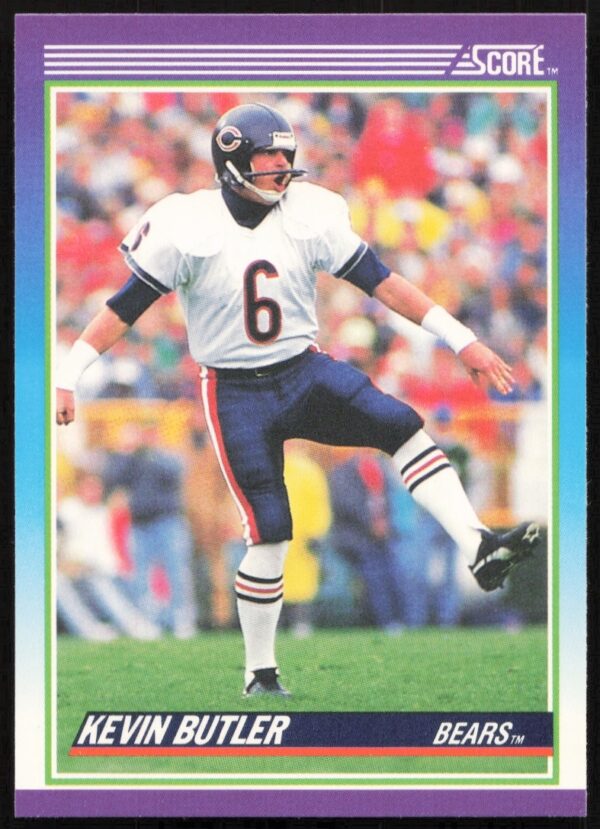 Kevin Butler 1990 Score card #134, Chicago Bears kicker, action shot.
