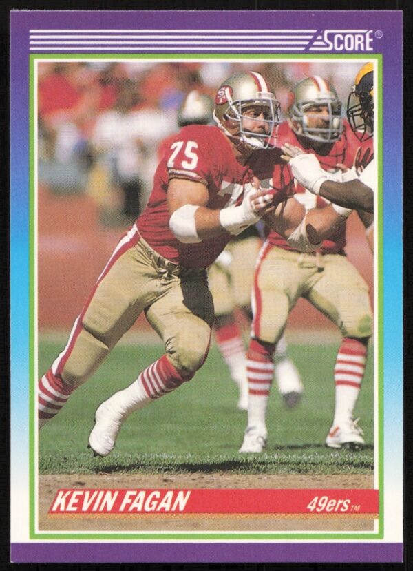 Kevin Fagan 1990 Score Football Card #448, featuring San Francisco 49ers defensive player in action.