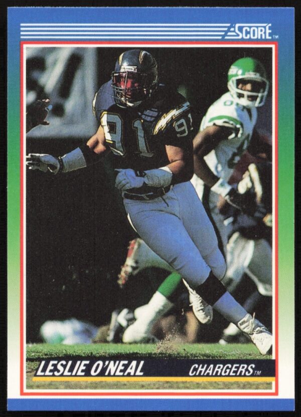 1990 Score Football Card #8 featuring Leslie ONeal in action, front view.