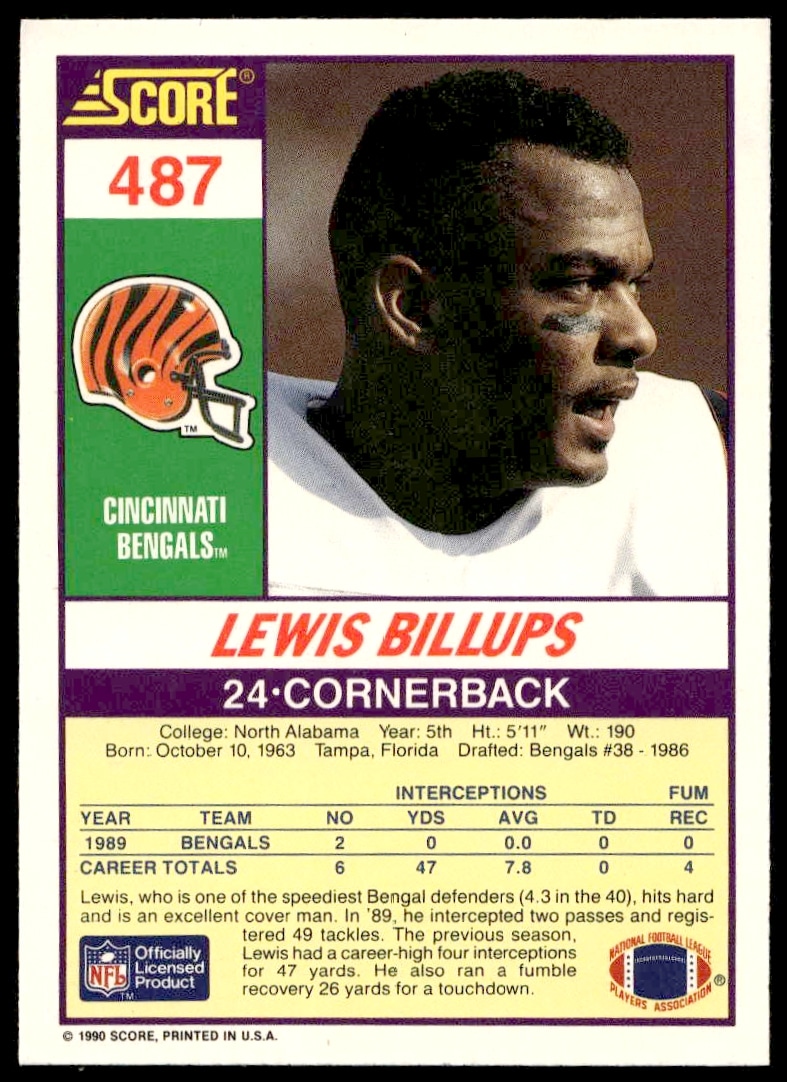 Back of 1990 Score card #487 featuring Lewis Billups with career stats and highlights.