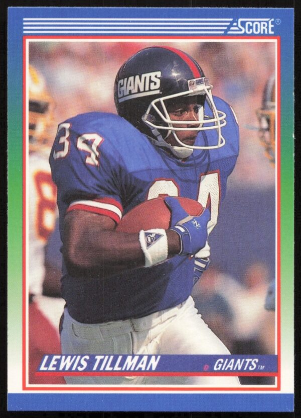 1990 Lewis Tillman Score Football Card #334 Front: Action Shot, Stats, Team Branding.
