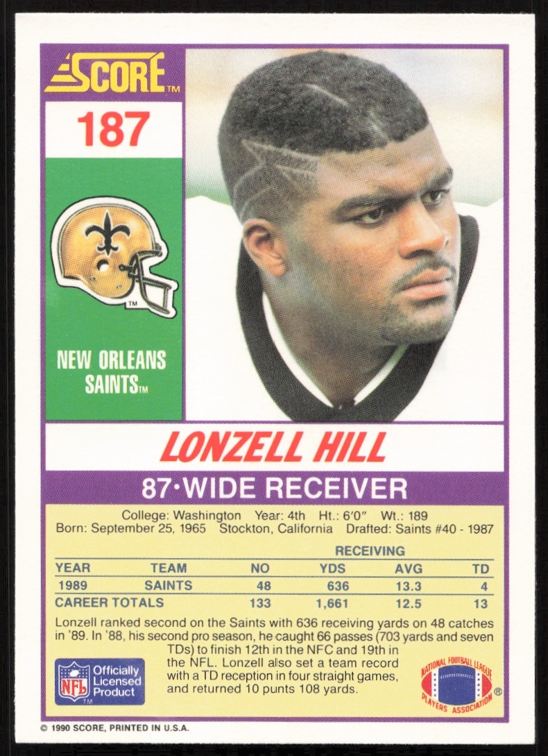 Lonzell Hill 1990 Score Football Card #187 Back: Stats, achievements, and bio.