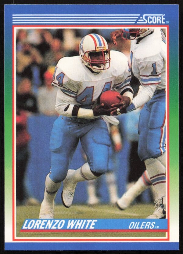 Lorenzo White 1990 Score Football Card #29, vibrant action shot in team uniform.