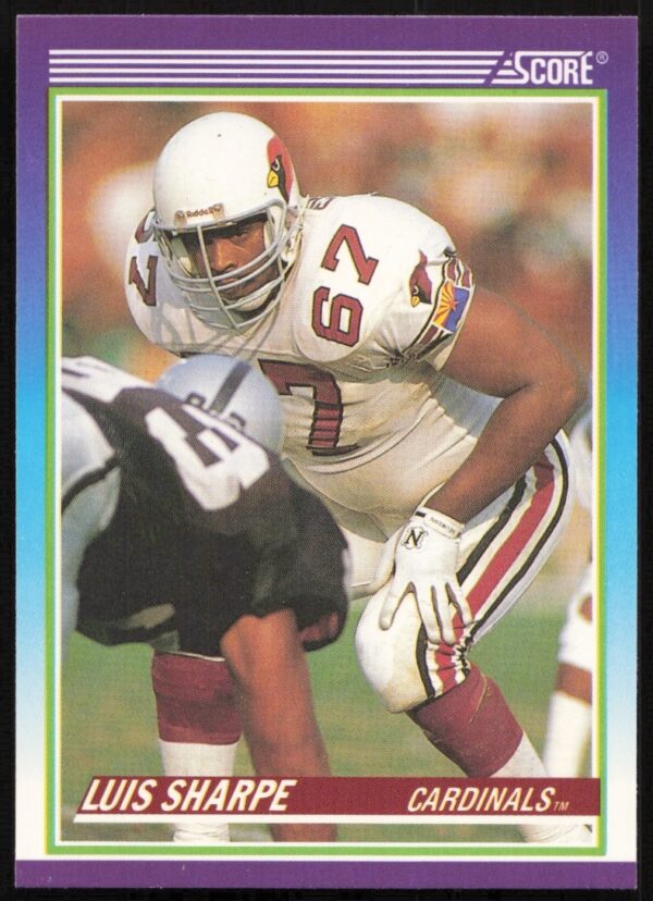 Front of 1990 Luis Sharpe Score Football Card #445, former NFL offensive tackle.