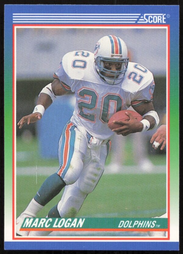 Marc Logan 1990 Score Football Card Front #336, vibrant team colors, action shot.