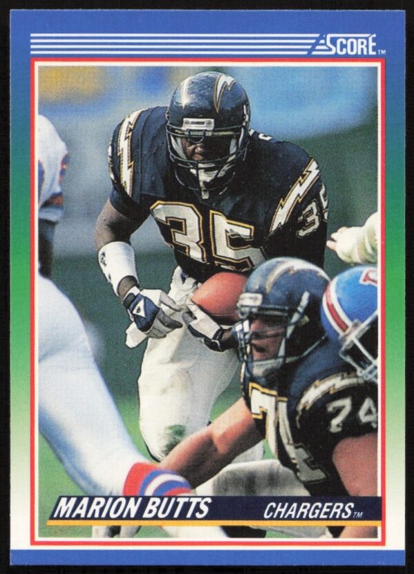 1990 Score Marion Butts football card featuring Chargers running back, numbered 97, in action.