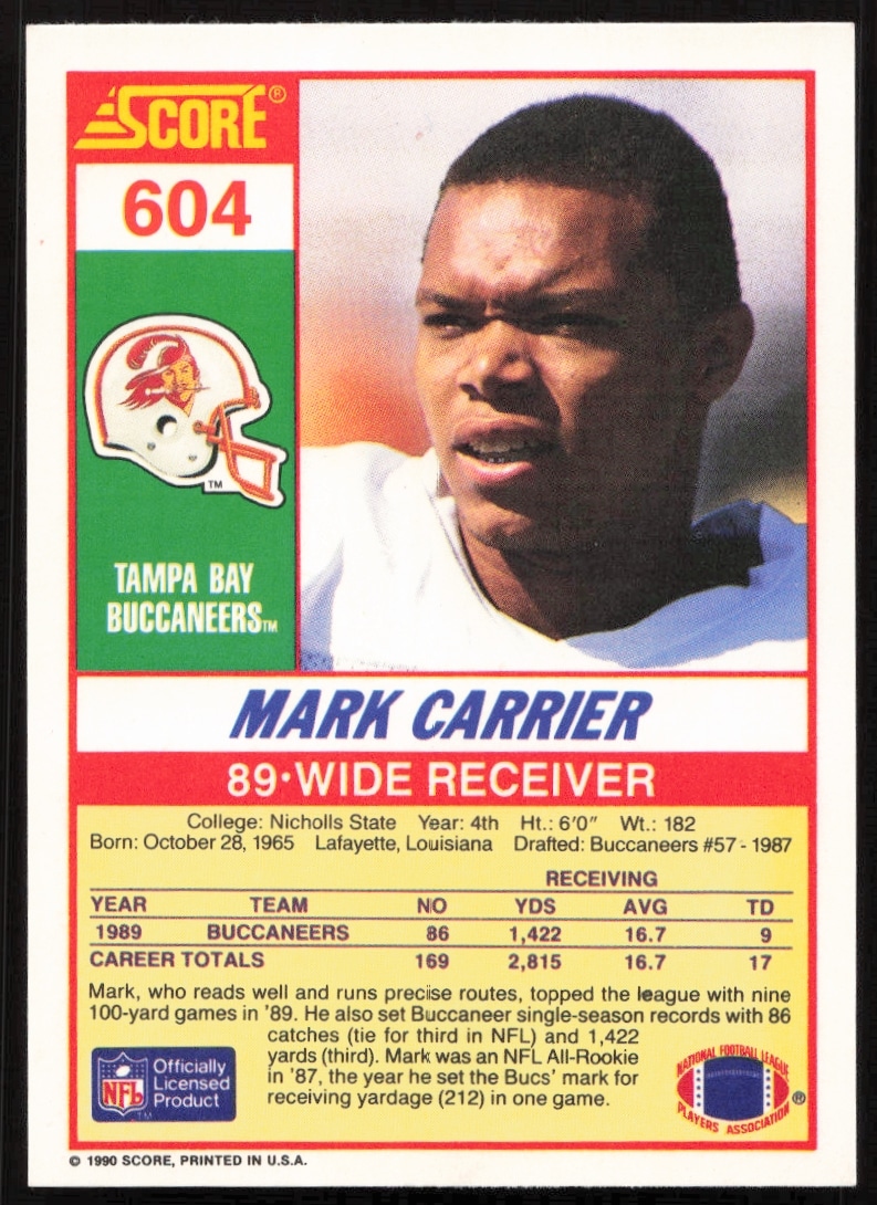 Mark Carrier 1990 Score Football Card #604: Career stats, bio, and team info.