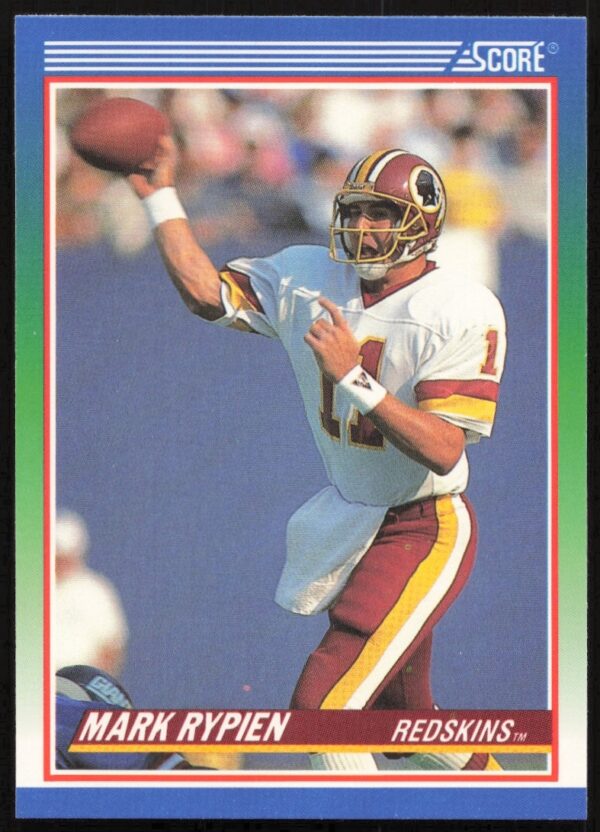 Mark Rypien 1990 Score Football Card #350, Washington Redskins QB in action.