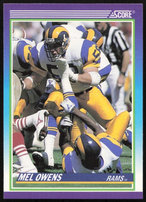 1990 Score Football Card of Mel Owens, #499, showcasing front design and vibrant team colors.