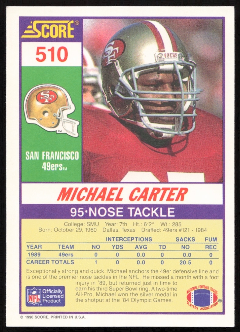 Michael Carter 1990 Score football card back with stats and career highlights.