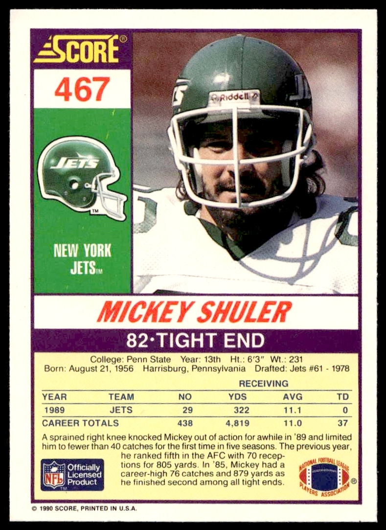 Back of 1990 Score Mickey Shuler football card #467 with stats and highlights.