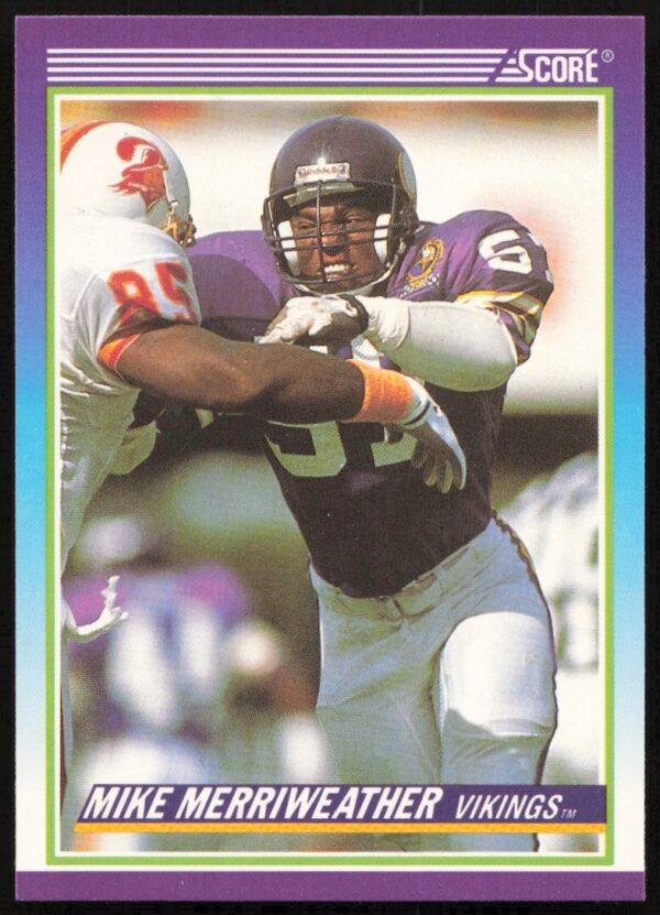 Front of 1990 Score Mike Merriweather #480 football card, showcasing team colors and career highlights.