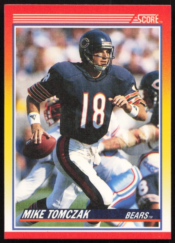 1990 Score Mike Tomczak football card #244, Chicago Bears QB in action.