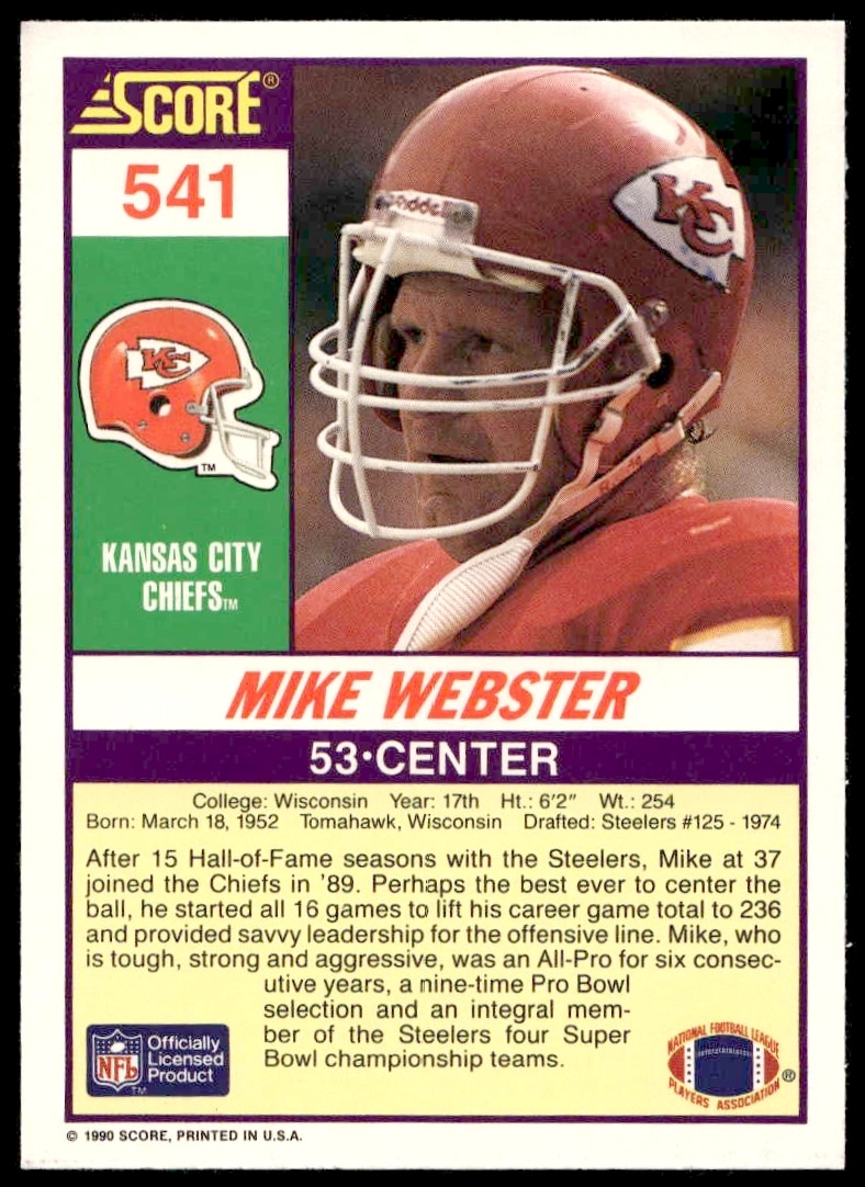 Back of 1990 Score Mike Webster card with player stats, personal info, and career highlights.