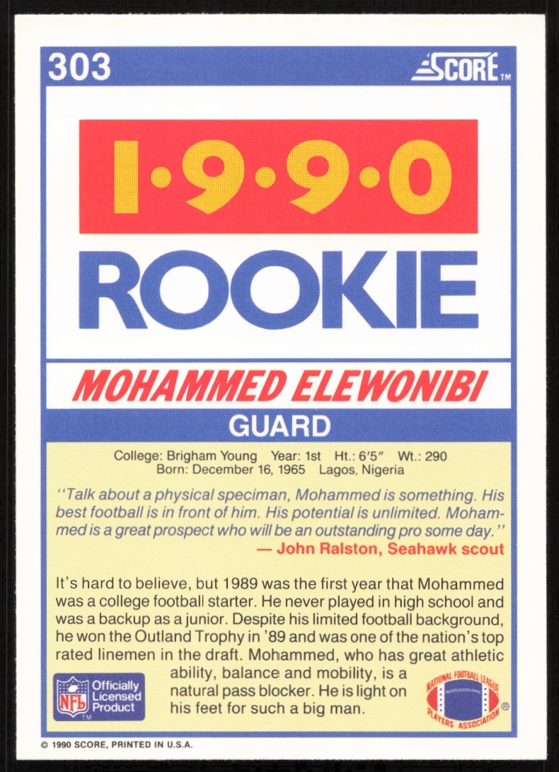 Back of 1990 Score Mohammed Elewonibi #303 card featuring stats and career highlights.