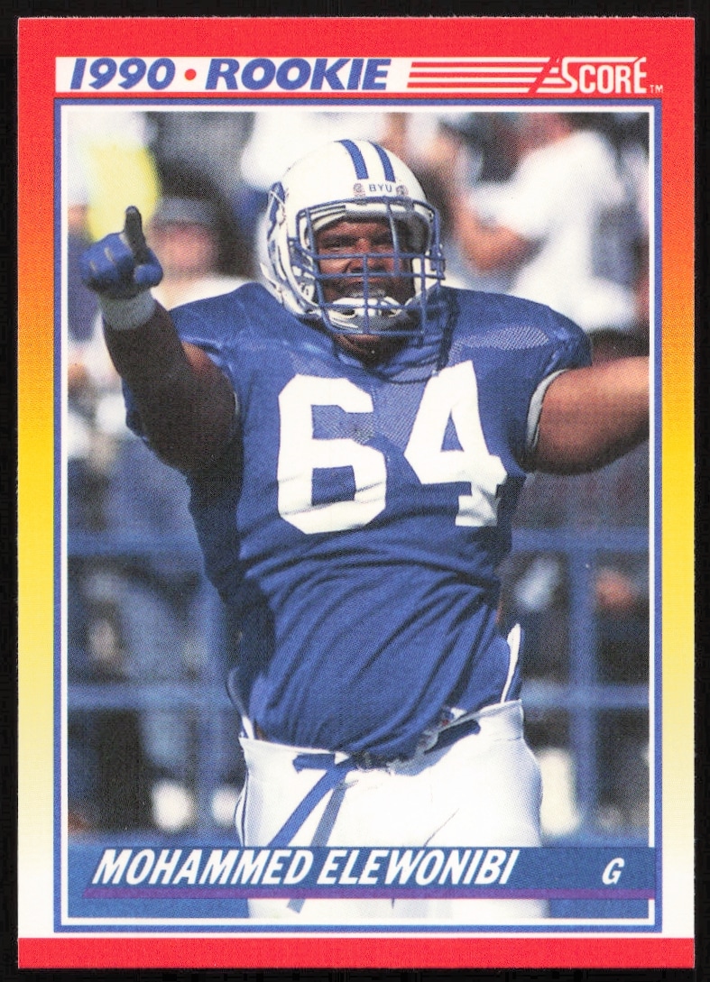 Front of 1990 Score football card featuring Mohammed Elewonibi in gear, #303.
