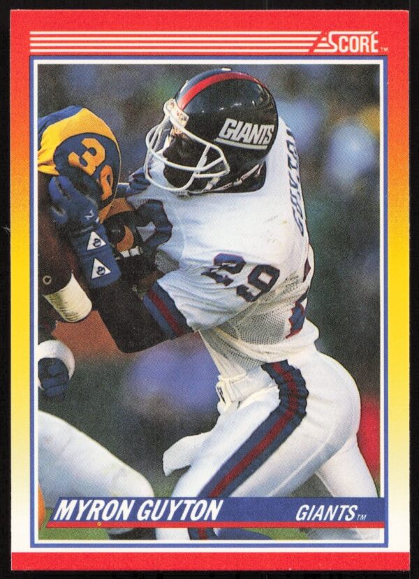 1990 Score Myron Guyton Football Card #253 Front - New York Giants Safety in Action.