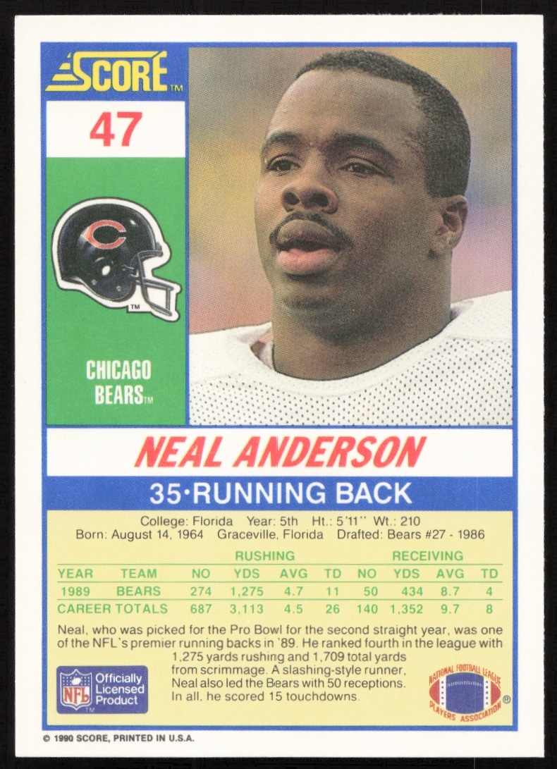 Neal Andersons 1990 Score card back, Chicago Bears stats, achievements, and bio.