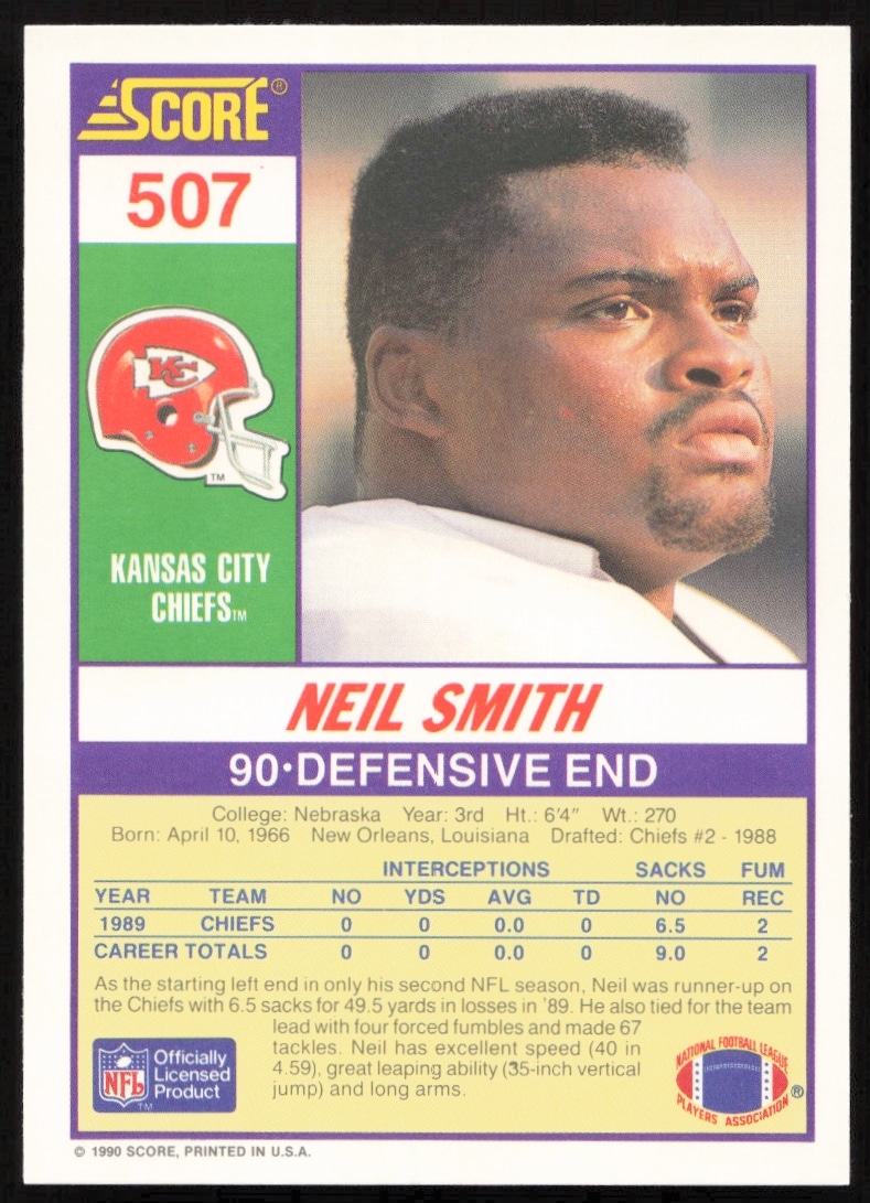 Back of 1990 Score NFL card #507 featuring Neil Smiths stats and career highlights.