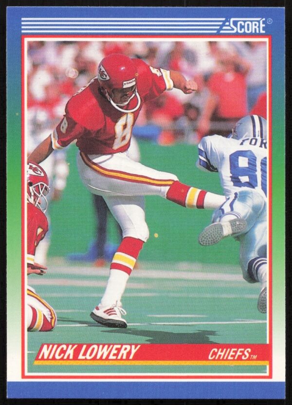 Front of 1990 Score Nick Lowery #372, Kansas City Chiefs kicker trading card.
