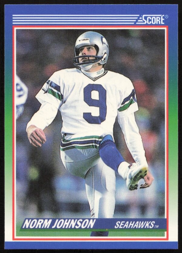 1990 Score football card #410 featuring NFL kicker Norm Johnson, front view.