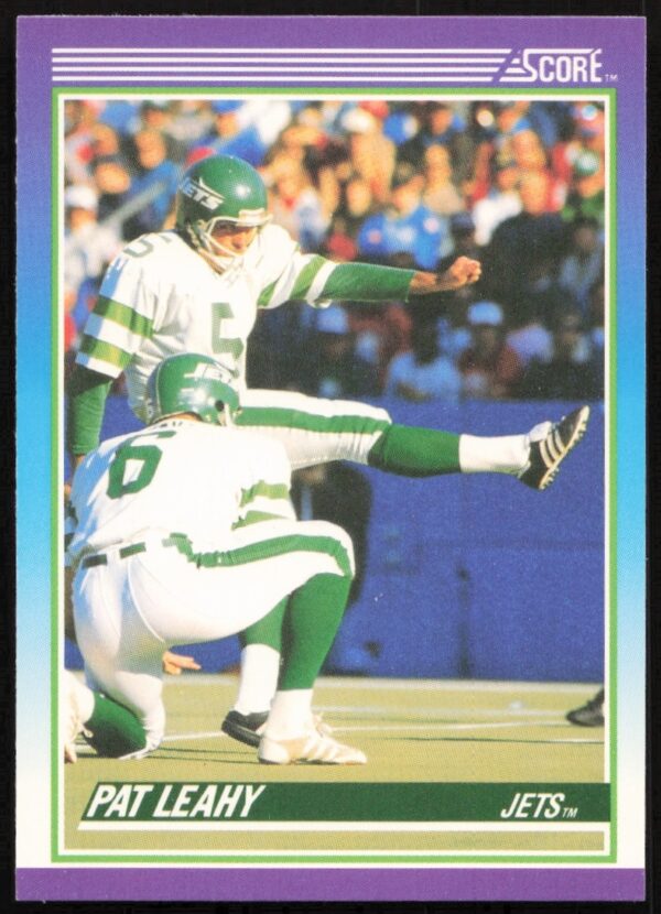 Front view of 1990 Score football card featuring Pat Leahy, New York Jets kicker, #165.