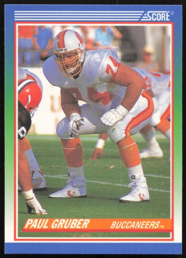 Paul Gruber 1990 Score Football Card #351 showcasing Buccaneers tackle in action.