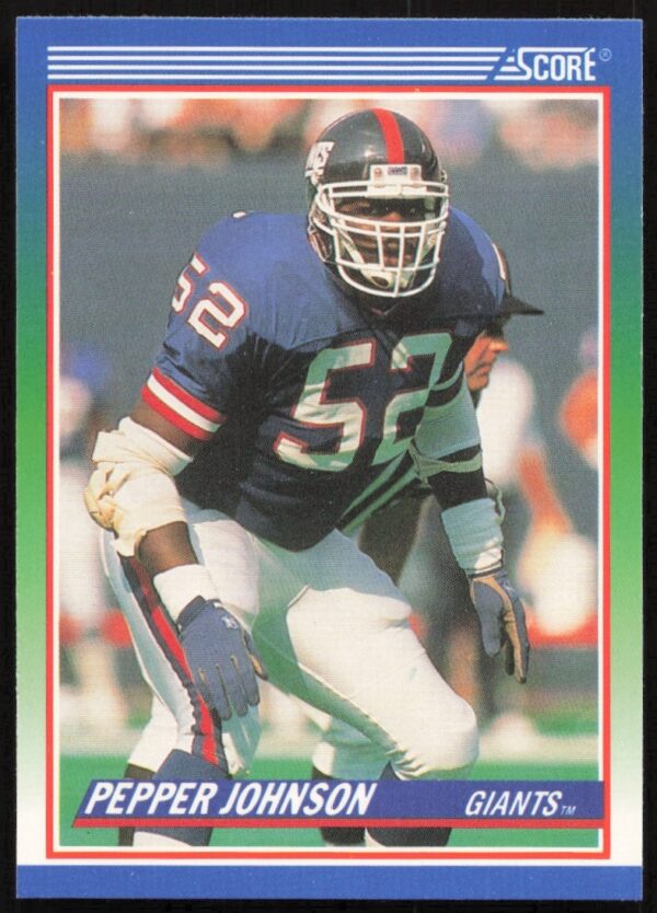 Pepper Johnson 1990 Score Football Card #361, New York Giants, mid-action field shot.