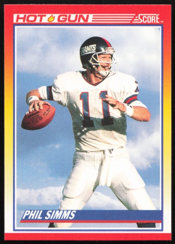 1990 Score Phil Simms card #314, front with QB in action, New York Giants uniform.